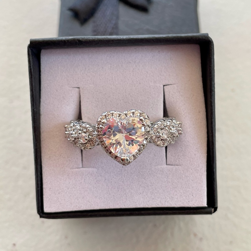 Silver Plated Heart Bling Statement Ring Size 8.75